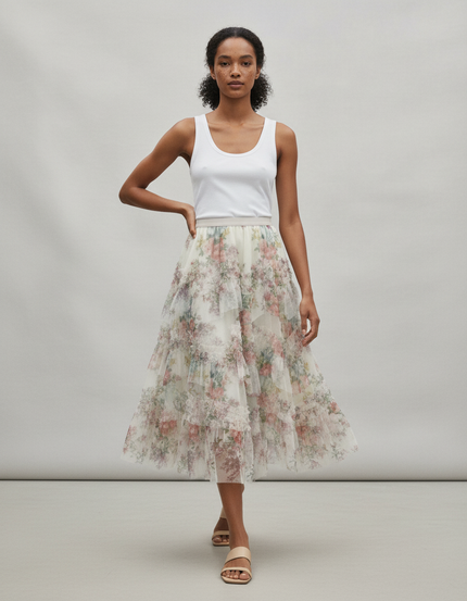 Jupe Longue Florale Élégante À Volants