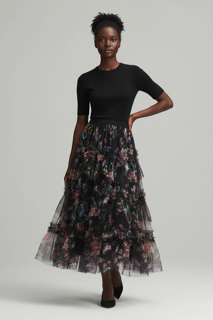 Jupe Longue Florale En Tulle Élégante