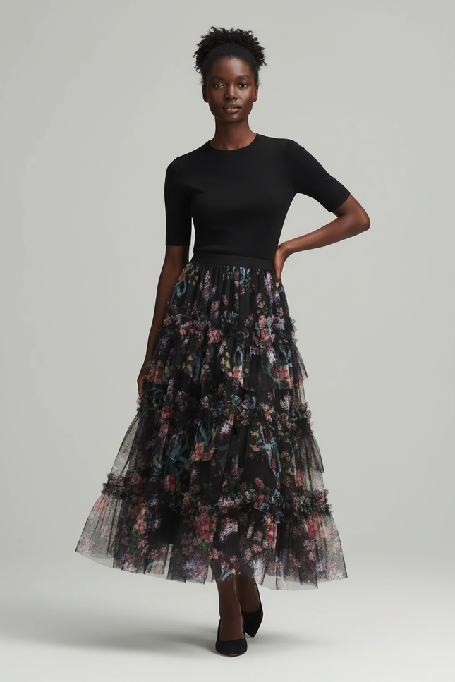 Jupe Longue Florale En Tulle Élégante