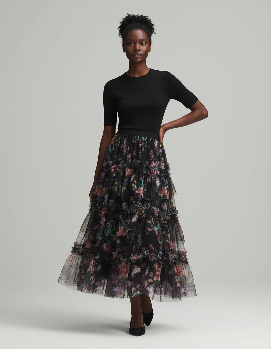 Jupe Longue Florale En Tulle Élégante
