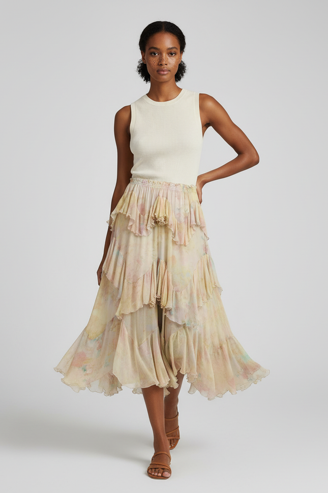 Jupe Longue Florale À Volants Fluide