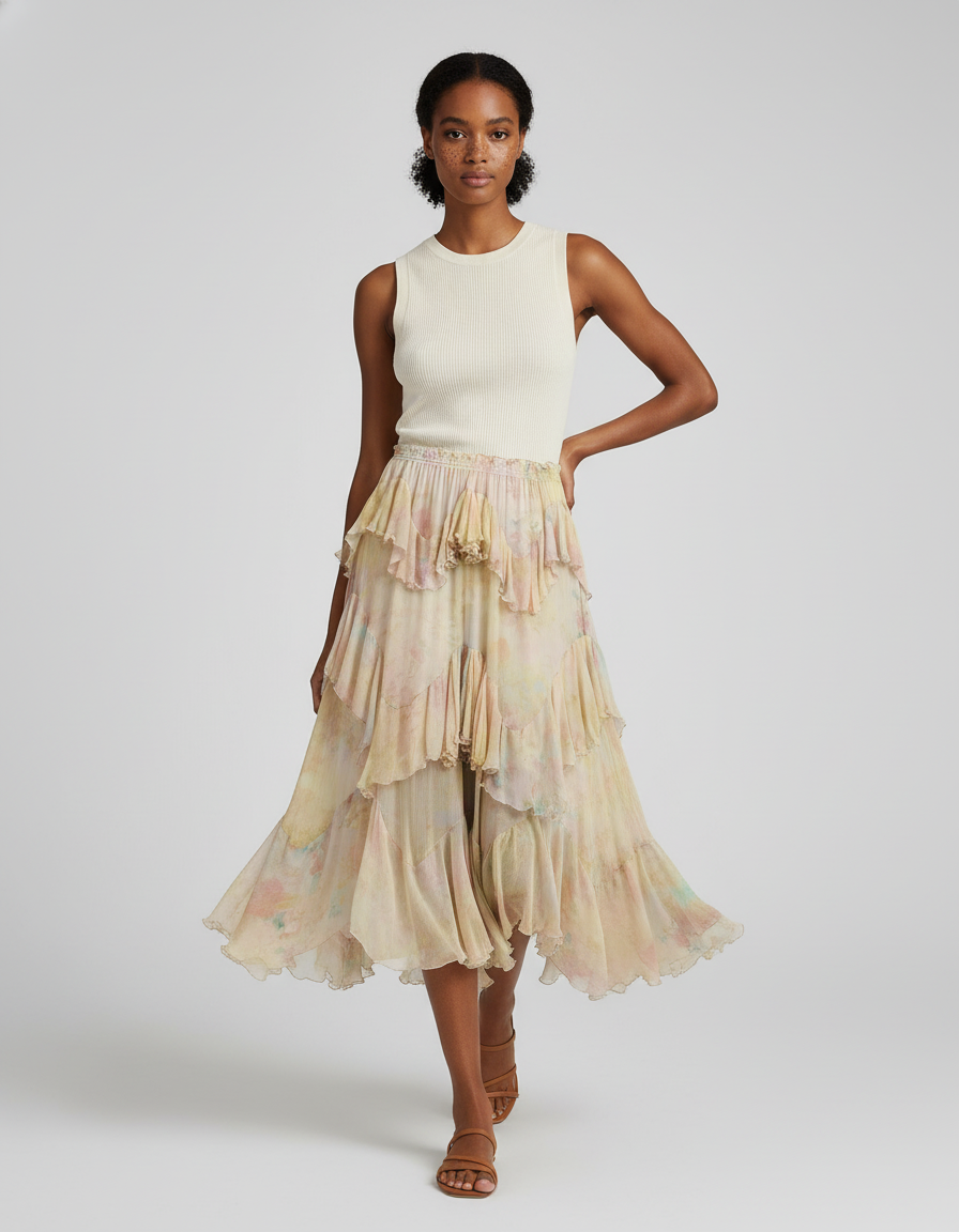 Jupe Longue Florale À Volants Fluide