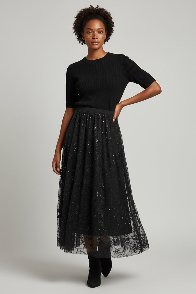 Jupe Longue Noire Pailletée Élégante