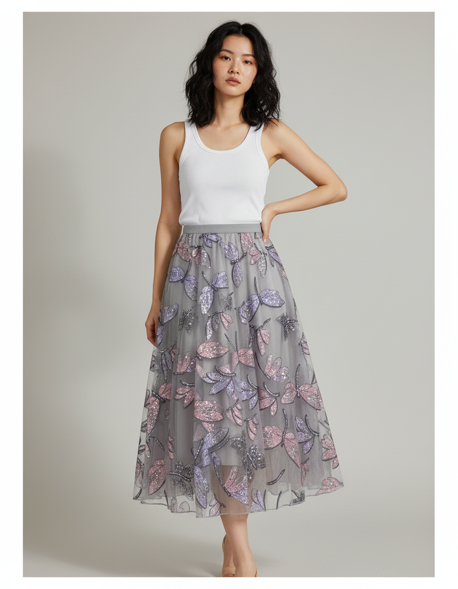 Jupe Longue Sequin Argent