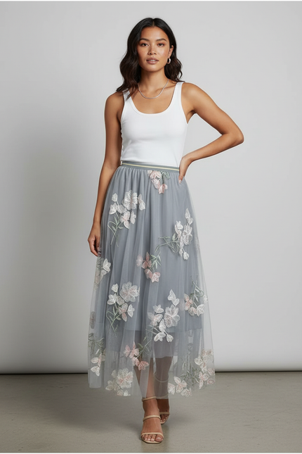Jupe Longue Tulle Brodée Fleurie Élégante
