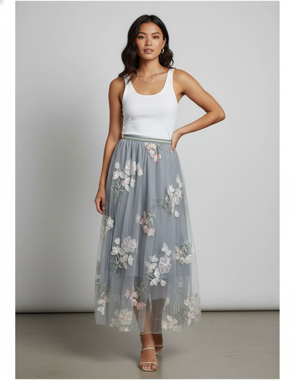 Jupe Longue Tulle Brodée Fleurie Élégante