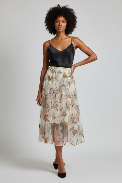 Jupe Longue Fluide Broderie Papillons