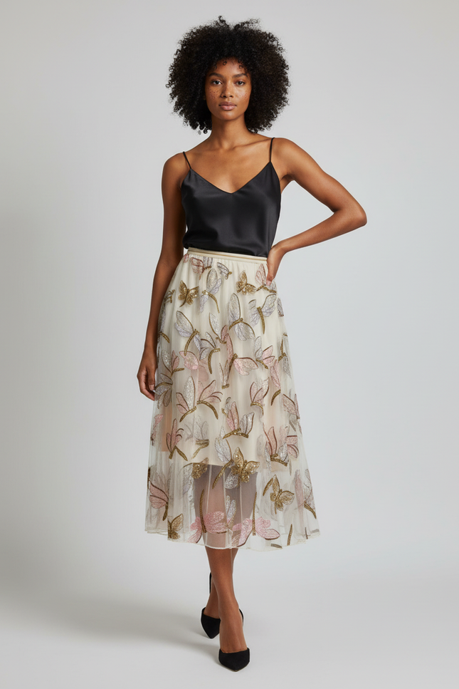 Jupe Longue Fluide Broderie Papillons