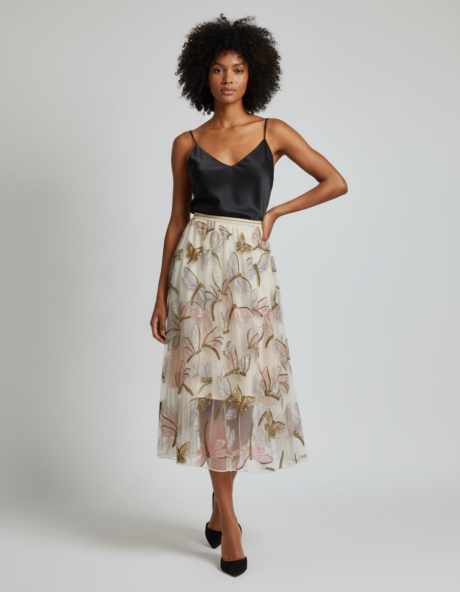 Jupe Longue Fluide Broderie Papillons