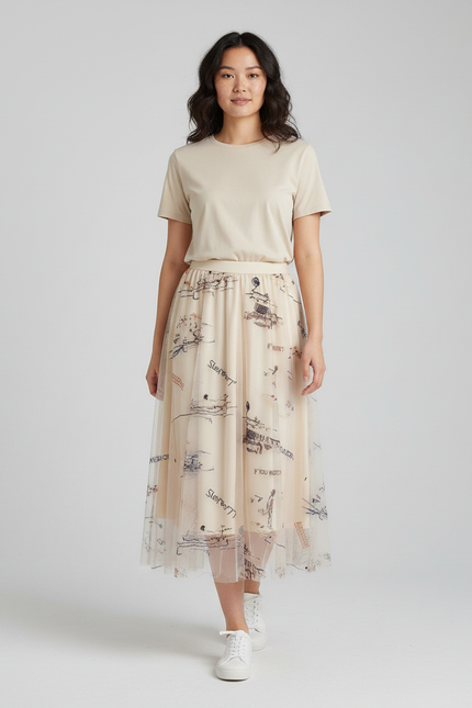 Jupe Longue Crème Imprimée Fluide