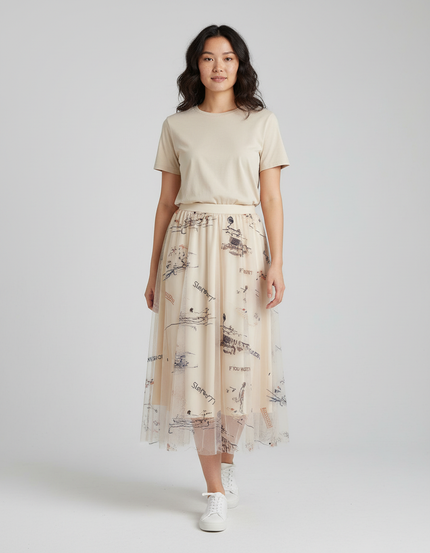 Jupe Longue Crème Imprimée Fluide