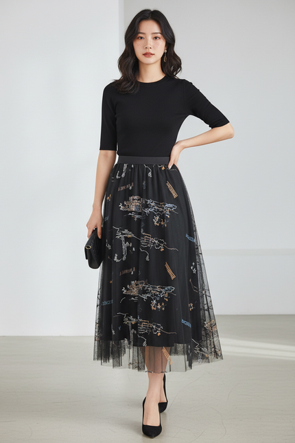 Jupe Longue Noire Brodée Élégante Mode