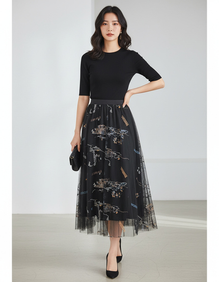 Jupe Longue Noire Brodée Élégante Mode