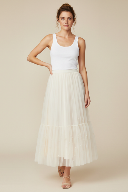 Jupe Longue Crème Tulle Plissée Élégante