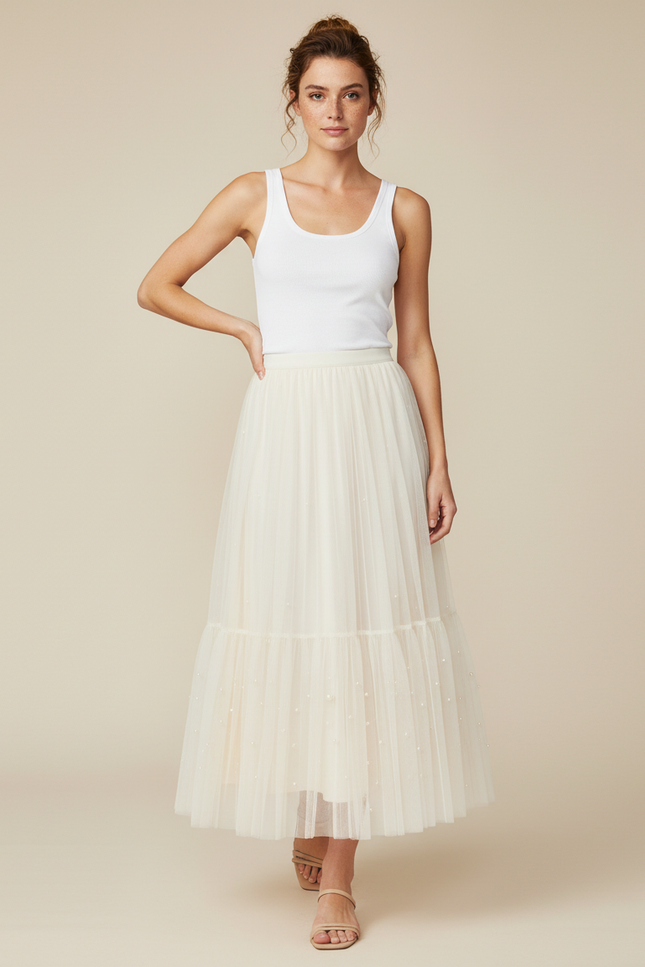 Jupe Longue Crème Tulle Plissée Élégante
