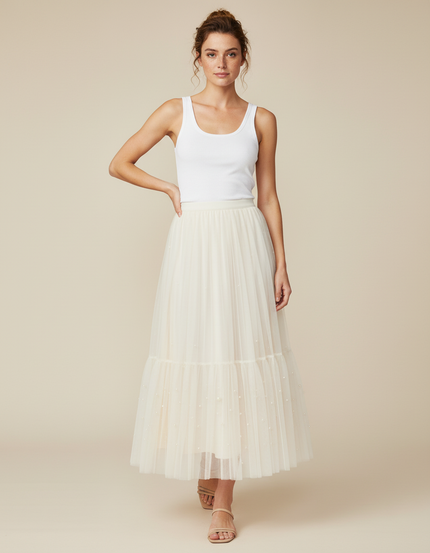 Jupe Longue Crème Tulle Plissée Élégante