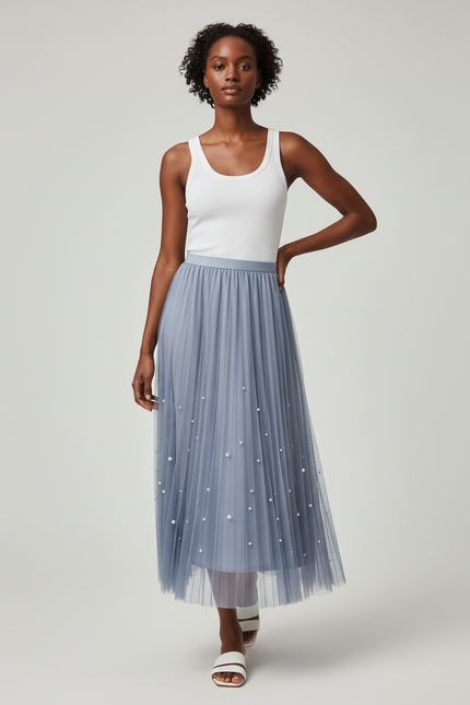 Jupe Longue Plissée Perles Élégante