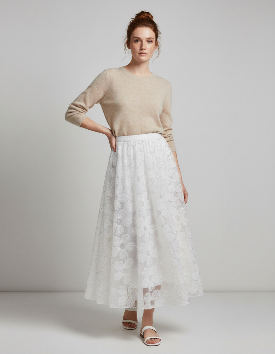 Jupe Longue Blanche Brodée Élégante