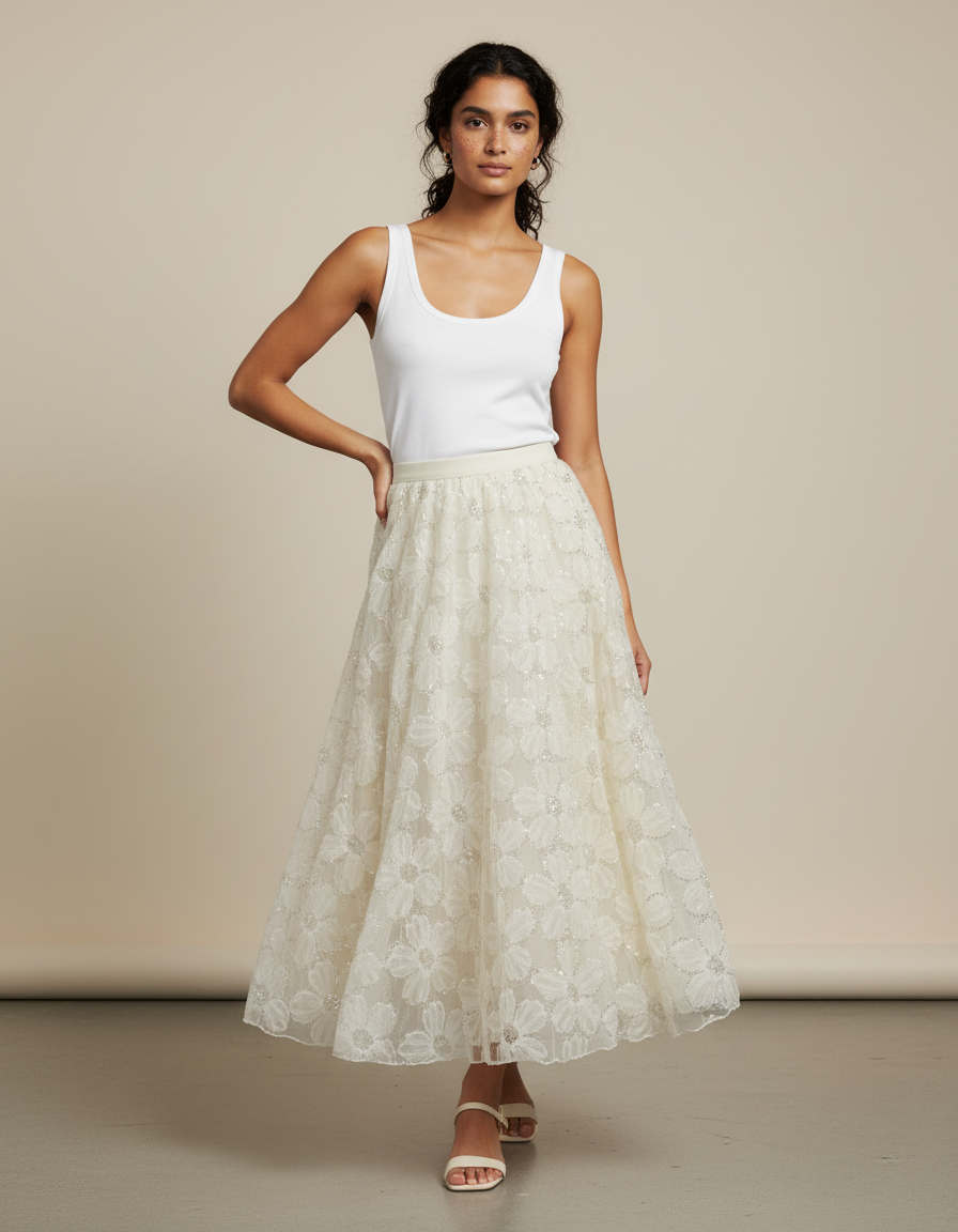 Jupe Longue Crème Brodée Florale Élégante