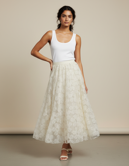Jupe Longue Crème Brodée Florale Élégante