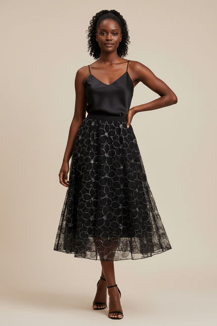 Jupe Longue Noire Brodée Élégante Femme