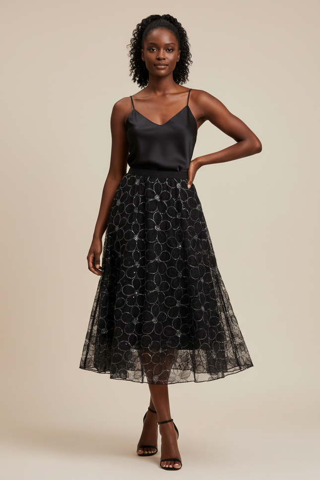 Jupe Longue Noire Brodée Élégante Femme