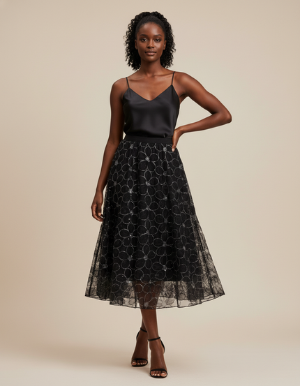 Jupe Longue Noire Brodée Élégante Femme