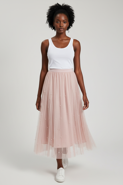 Jupe Longue Tulle Rose Perles Élégante