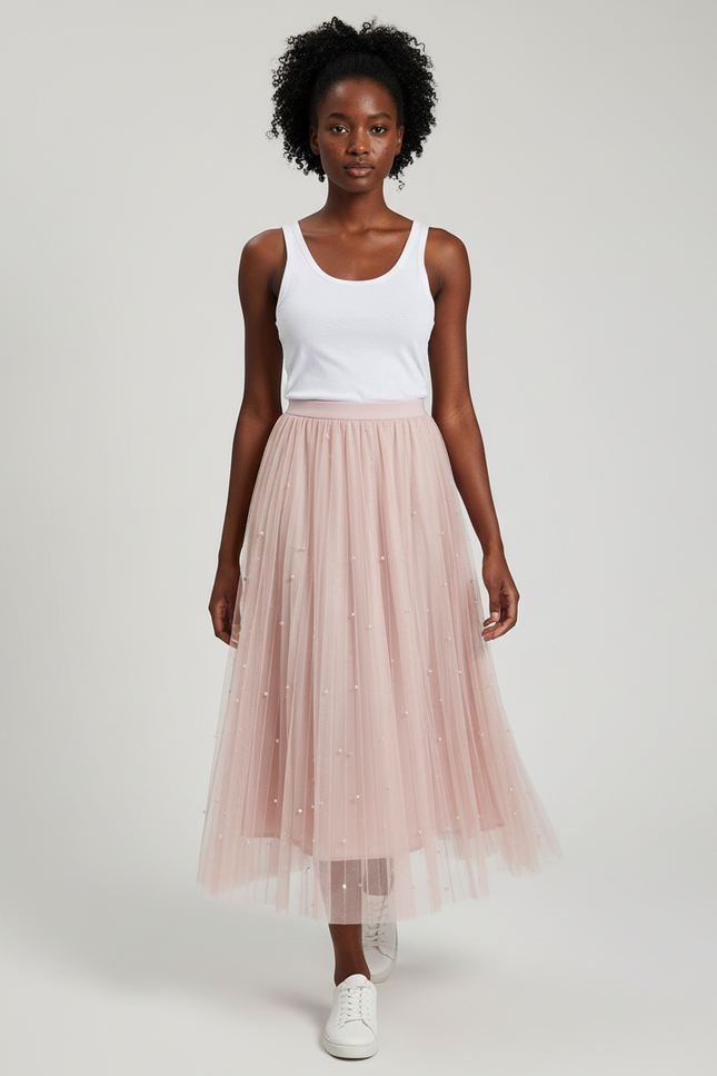 Jupe Longue Tulle Rose Perles Élégante