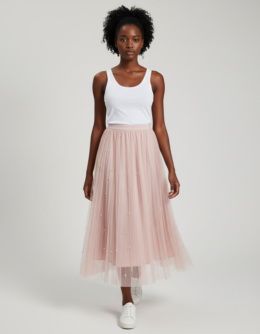 Jupe Longue Tulle Rose Perles Élégante