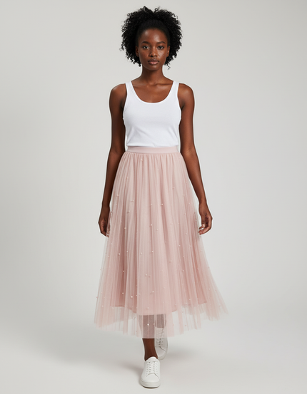 Jupe Longue Tulle Rose Perles Élégante