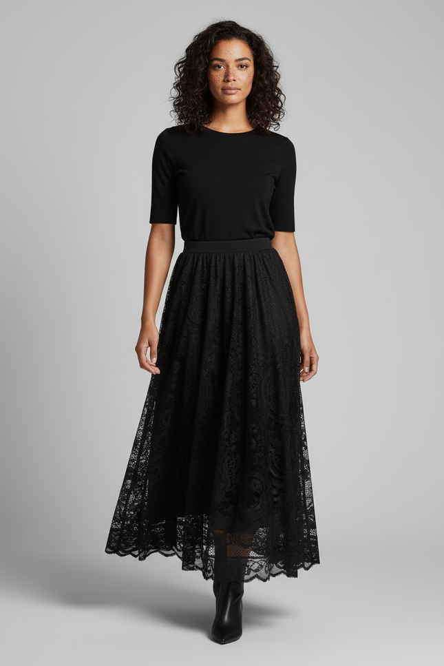 Jupe Longue Noire Brodée Élégante Chic