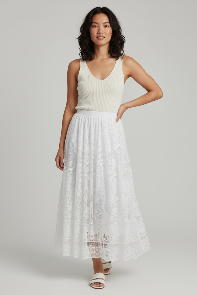 Jupe Longue Blanche Dentelle Élégante Mariage