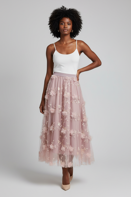 Jupe Longue Rose Poudré Fleurs 3D Élégante