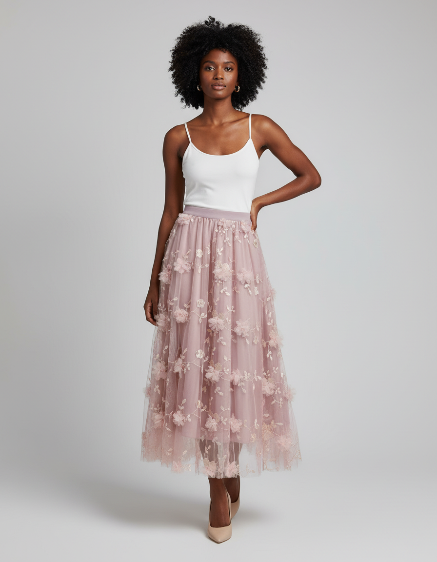 Jupe Longue Rose Poudré Fleurs 3D Élégante