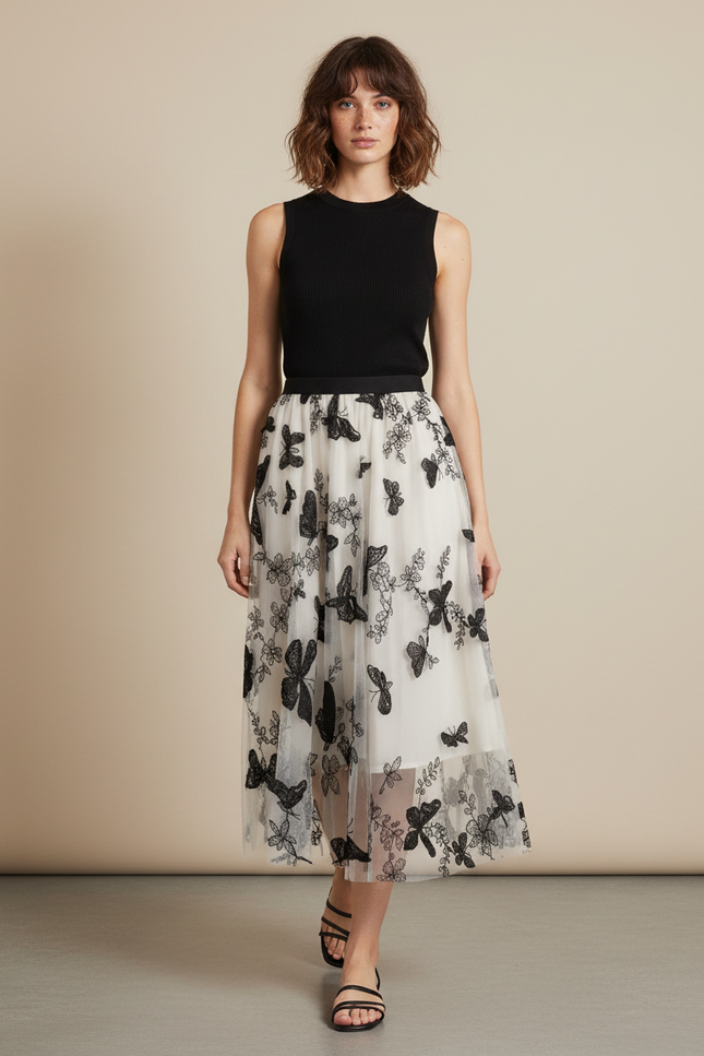 Jupe Longue Broderie Papillons Élégante