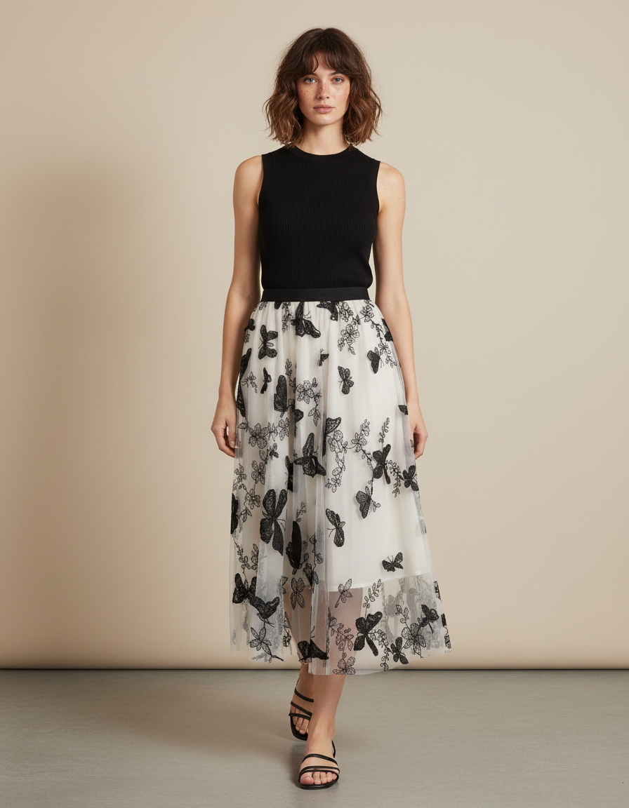 Jupe Longue Broderie Papillons Élégante
