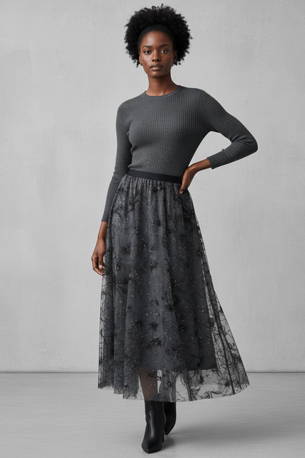 Jupe Longue Tulle Brodée Élégante