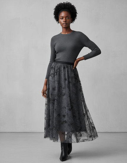 Jupe Longue Tulle Brodée Élégante