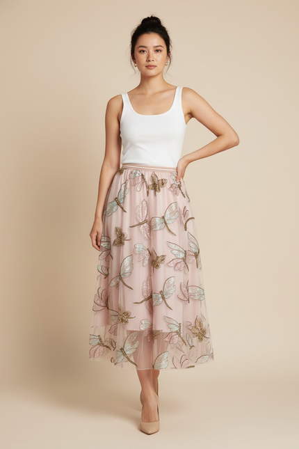 Jupe Longue Rose Brodée Élégante