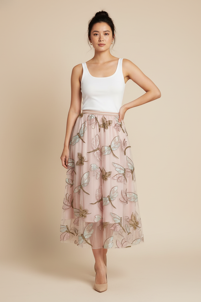 Jupe Longue Rose Brodée Élégante