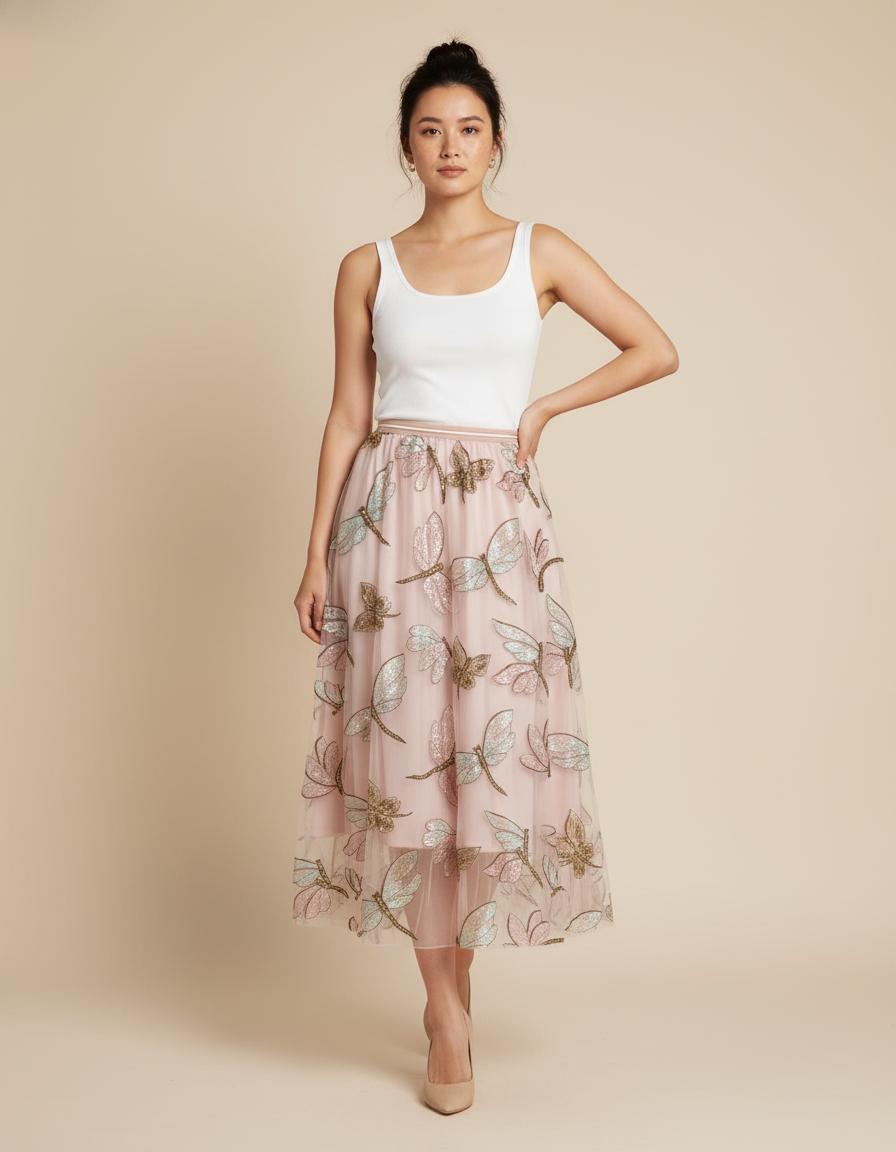 Jupe Longue Rose Brodée Élégante