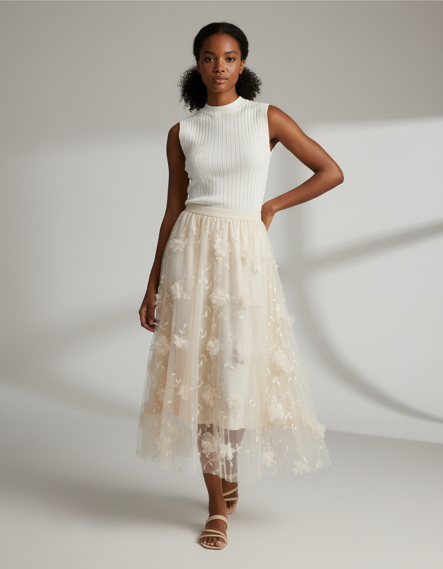 Jupe Longue Brodée Florale Élégante