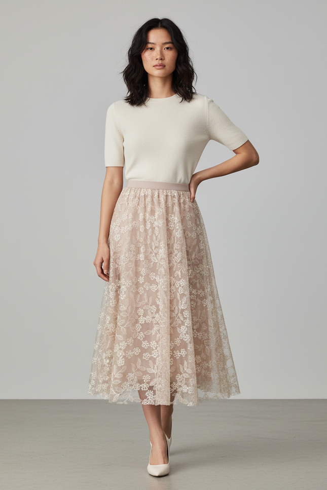 Jupe Longue Brodée Florale Élégante Femme