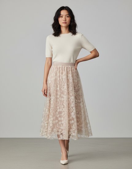 Jupe Longue Brodée Florale Élégante Femme