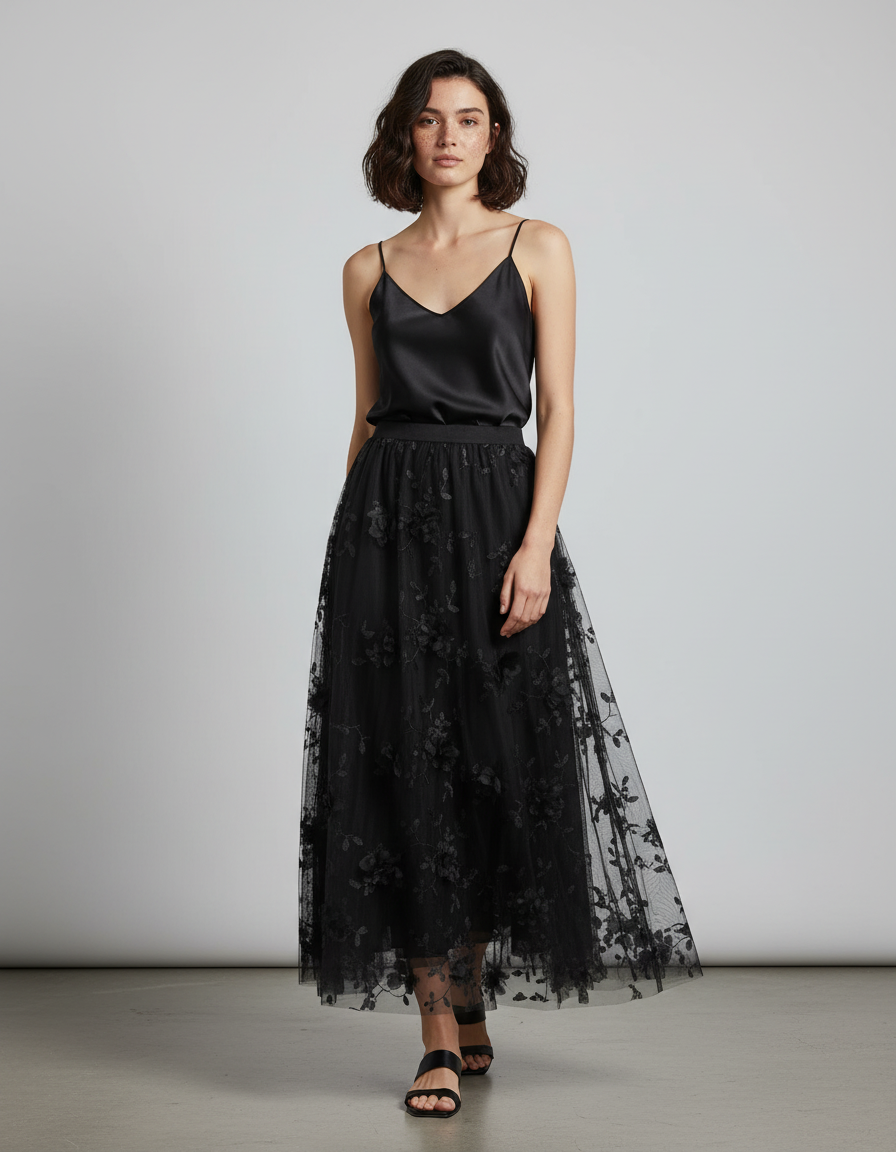 Jupe Longue Tulle Brodée Noire Élégante