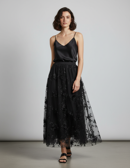 Jupe Longue Tulle Brodée Noire Élégante