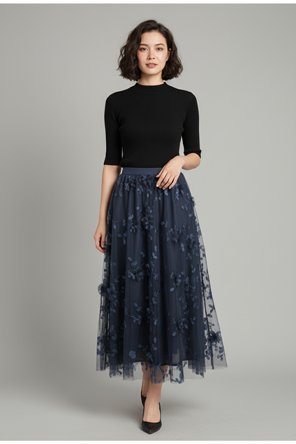 Jupe Longue Bleu Marine Fleurie