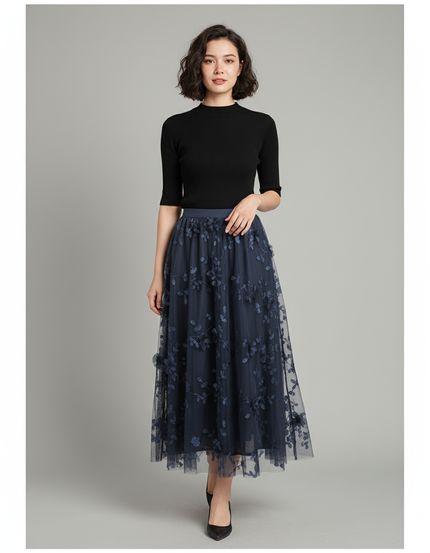 Jupe Longue Bleu Marine Fleurie