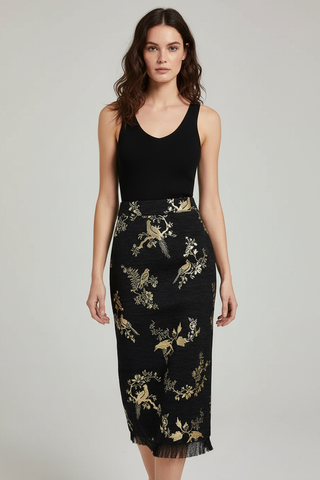 Jupe Longue Noire Motifs Oiseaux Élégante